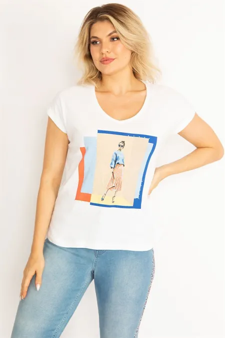 Kadın Beyaz Pamuklu Kumaş Ön Baskılı V Yakalı Bluz 65N34719