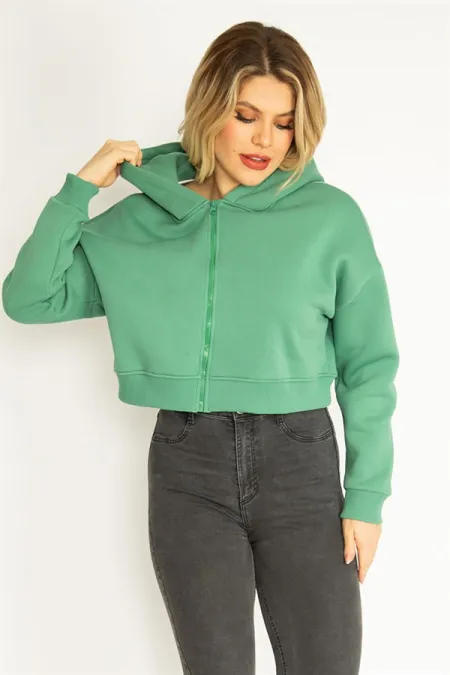 Kadın Yeşil 3 İplik Polar Ön Fermuarlı Kapşonlu Sweatshirt 65N35050