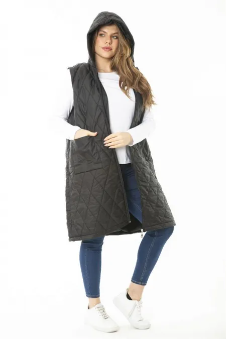 Kadın Büyük Beden Haki Ön Dermuarlı Kapşonlu Kapitone Astarlı Uzun Mont 65N37107