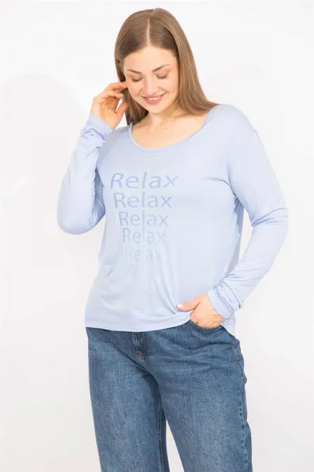 Kadın Bebe Mavisi Büyük Beden Bisiklet Yakalı Ön Baskılı Bluz 65N35567