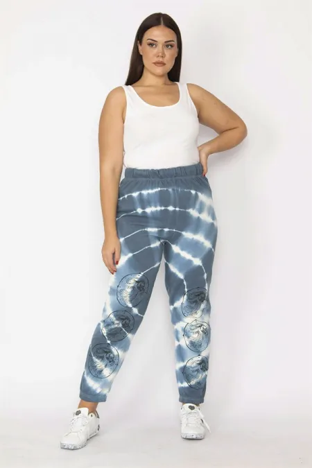 Kadın Mavi İçi Şardonlu 3 İplik Kumaş Bel Ve Paça Lastikli Batik Desenli Pantolon 65N29151