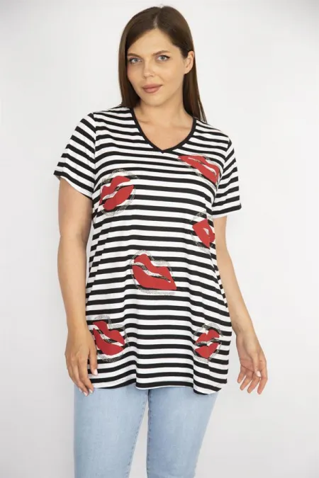 Kadın Siyah Büyük Beden Taş Detaylı V Yakalı Çizgili Bluz