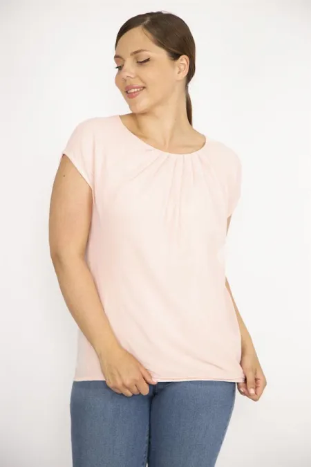 Kadın Somon Büyük Beden Önü Astarlı Tül Etek Ucu Lastikli Yaka Pileli Bluz