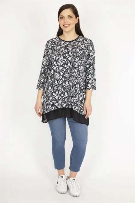 Kadın Lacivert Büyük Beden Etek Ucu Şifon Garnili Tunik