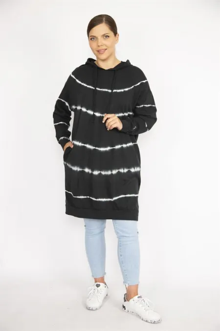 Women's Plus Size Black Batik Patterned Hooded Long Sweatshirt