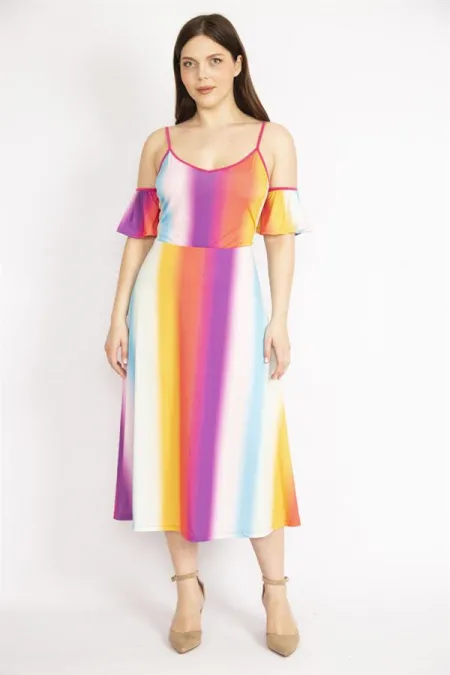 Kadın Renkli Büyük Beden Yaka Lastikli Askı Boy Ayarlı Renkli Elbise