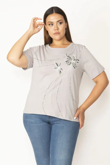 Kadın Gri Pamuklu Kumaş Ön Baskılı Kısa Kollu Bluz 65N27881