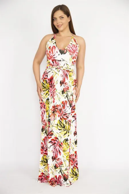 Kadın Büyük Beden Renkli Sırt Dekolteli Anvelop Yakalı Uzun Elbise 65N37264