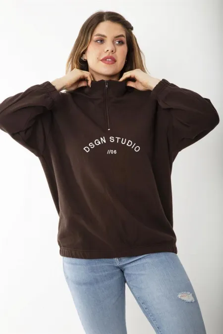 Kadın Büyük Beden Kahve İçi Şardonlu Ön Pat Fermuarlı Nakışlı Sweatshirt 65N37202