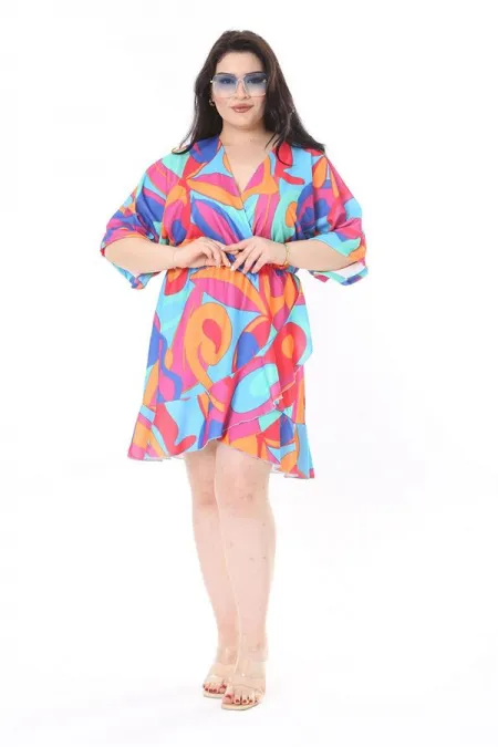 Kadın Büyük Beden Renkli Anvelop Yakalı Etek Ucu Volanlı Yarasa Kollu Elbise 65N37934