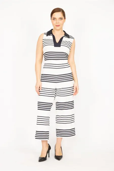 Kadın Lacivert Büyük Beden V Ayakalı Arkası Gizli Fermuarlı Tulum