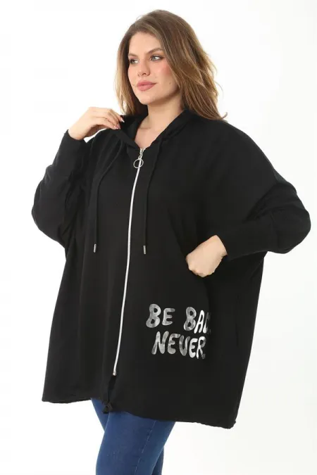Women's Plus Size Black Front Lacquered Printed Hooded Casual Cut Sweatshirt 65N37118