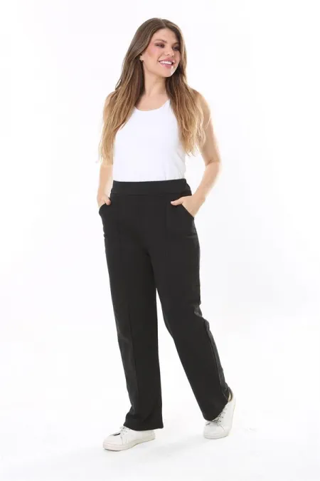 Kadın Büyük Beden Siyah Ütü İzi Çima Dikişli Yan Cepli Pantolon 65N37902