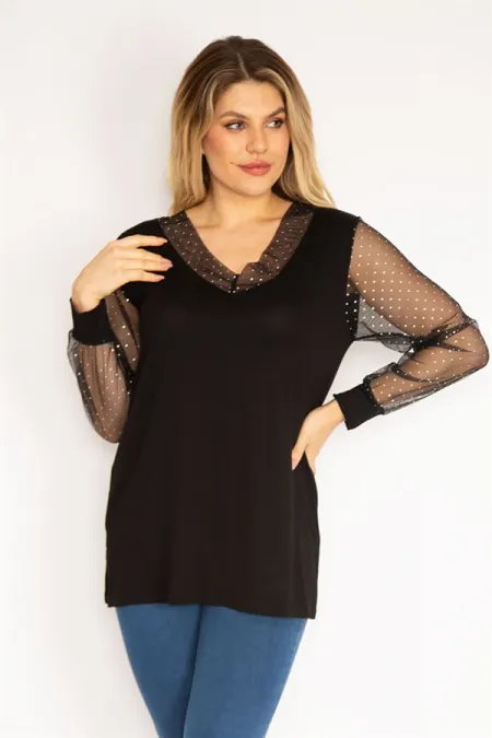 Kadın Mürdüm Yaka Ve Kolları Simli Tül Bluz 65N35185