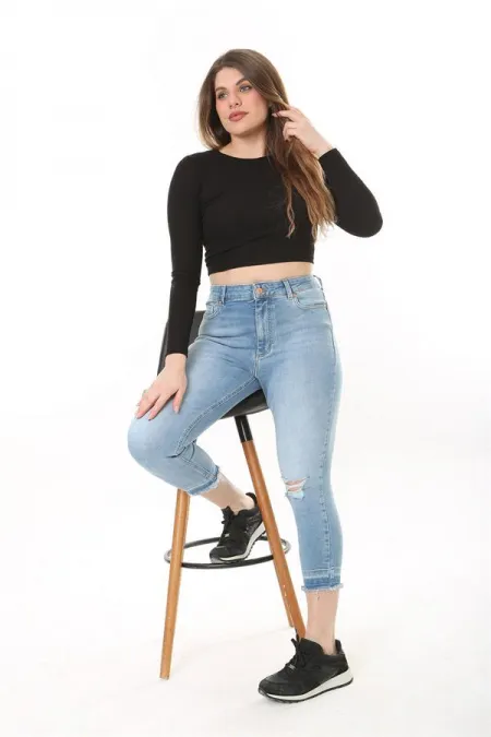 Kadın Büyük Beden Mavi Yırtık Detaylı 5 Cep Likralı Kot Pantolon 65N37601