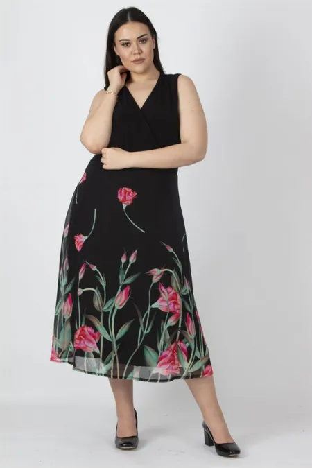 Kadın Siyah Etek Kısmı Şifon Astarlı Anvelop Çiçek Desenli Elbise 65N26735