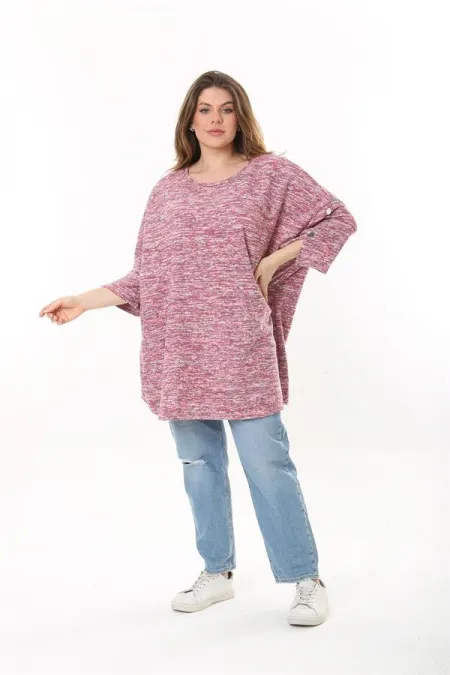 Kadın Büyük Beden Yeşil Kolları Süs Metal Düğmeli Kırçıllı Kalın Tunik 65N37403