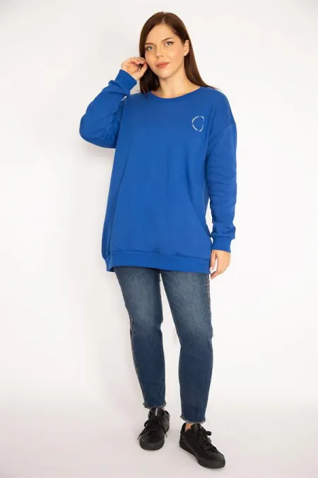 Kadın Saks Büyük Beden 3 İplik İçi Şardonlu Sweatshirt 65N35609