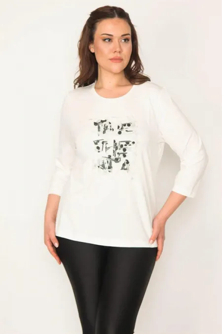 Kadın Kemik Büyük Beden Sim Baskılı Kapri Kol Likralı Bluz 65N35706