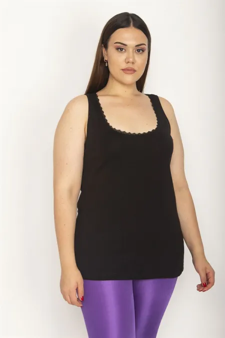 Kadın Siyah Pamuklu Kumaş Yakası Dantel Detaylı Kolsuz Bluz 65N26627