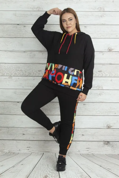 Kadın Saks Kapşonlu Fermuar Ve Baskı Detaylı Kuşgözlü Sweatshirt Pantolon Takım 65N19562