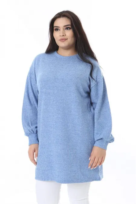 Kadın Büyük Beden Mavi Kendinden Çizgili Uzun Tunik 65N38532