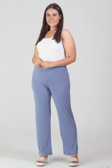 Kadın Büyük Beden Mavi Rahat Kesim Bel Lastikli Pantolon 65N37668