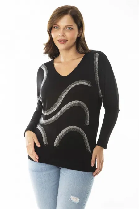 Kadın Büyük Beden Siyah Taş Detaylı V Yakalı Uzun Kollu Bluz 65N36861