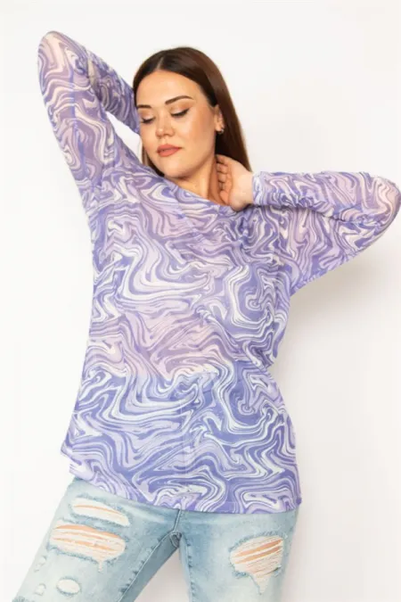 Kadın Lila Likralı Tül Bluz 65N33269