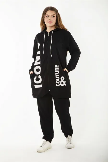 Kadın Büyük Beden Gri Baskı Ve Fermuar Detaylı Kapşonlu Sweatshirt Pantolon Takım 65N37128