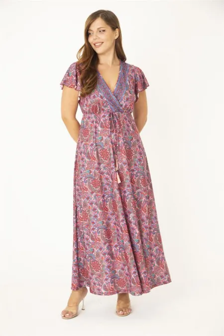 Kadın Büyük Beden Renkli Anvelop Yakalı Bel Bağcıklı Elbise 65N36878