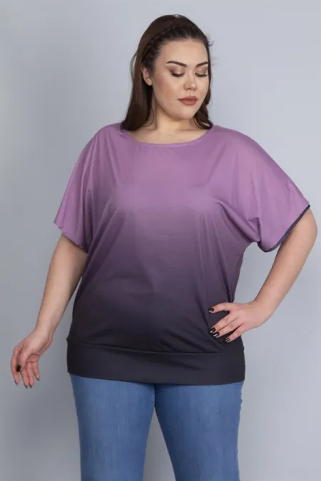 Kadın Lila Batik Desenli Düşük Kol Etek Ucu Bantlı Bluz 65N22754