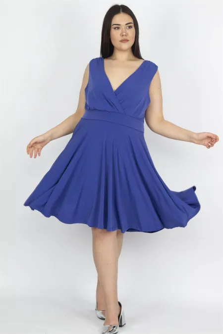 Kadın Saks Anvelop Yaka Arka Bel Lastik Detaylı  Elbise 65N29763