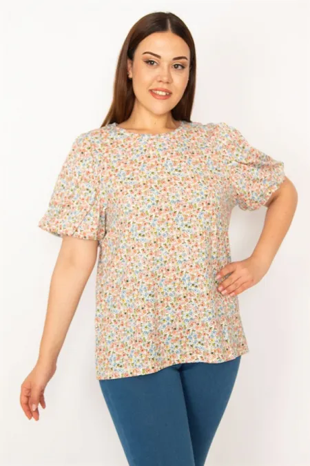 Kadın Renkli Balon Kol Çiçek Desenli Bluz 65N33287
