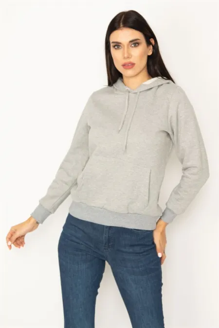WOMEN'S GRAY 3-YARN RAISED HOODED SWEATSHIRT