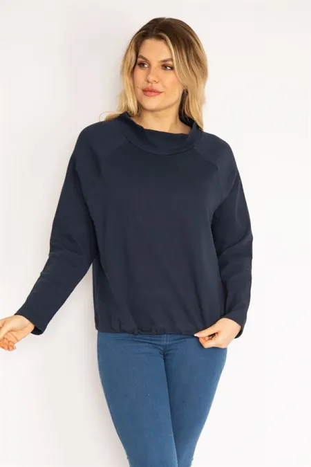 Women's Navy Blue Raglan Sleeve Hem Eyelet Lace-Up Sweatshirt 65N35182
