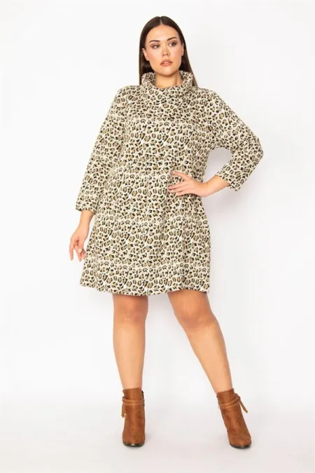 KADIN VİZON YAKA VE ÖN DETAYLI ARKA ORTASI LASTİK BÜZGÜLÜ CEPLİ ELBİSE