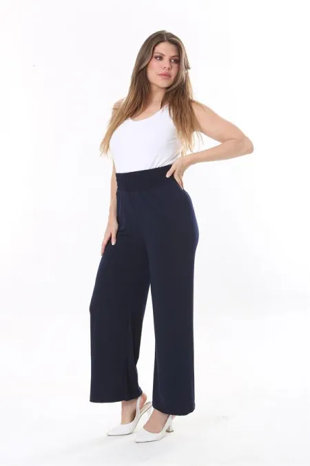Kadın Büyük Beden Lacivert Beli Geniş Lastikli Likralı Jarse Pantolon 65N37845