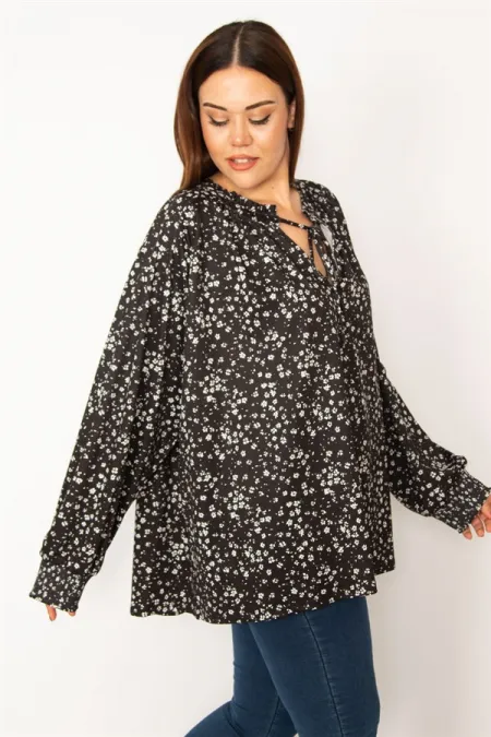 Kadın Siyah Yaka Bağcıklı Kol Ağzı Gipe Lastikli Rahat Kesim Bluz 65N33233