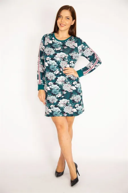 Kadın Petrol Kolları Şerit Detaylı Çiçek Desenli Tunik Elbise 65N34667