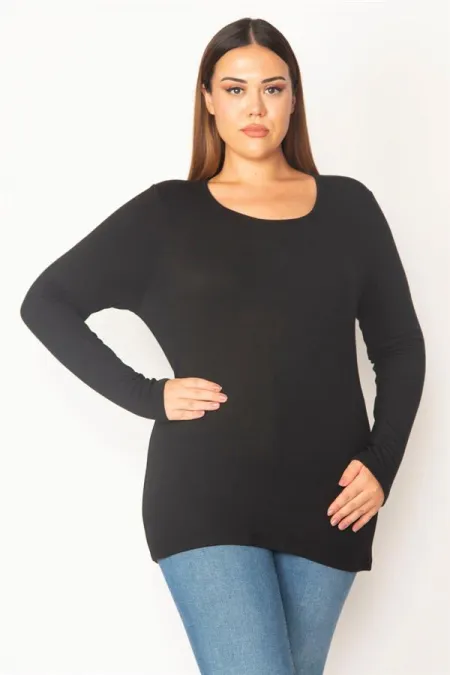 Kadın Büyük Beden Lacivert Pamuklu Kumaş Bisiklet Yakalı Uzun Kollu Bluz 65N37715