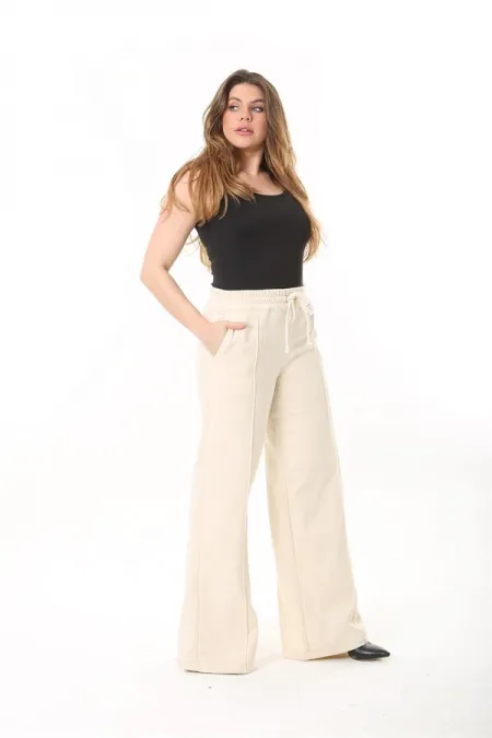 Kadın Büyük Beden Bej İçi Şardonlu Üç İplik Beli Lastik Ve Bağcıklı Eşofman Alt 65N37480