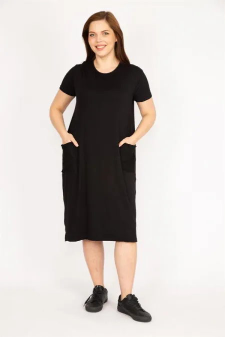 Kadın Lacivert Büyük Beden Cebi File Detaylı Kısa Kollu Viskon Elbise