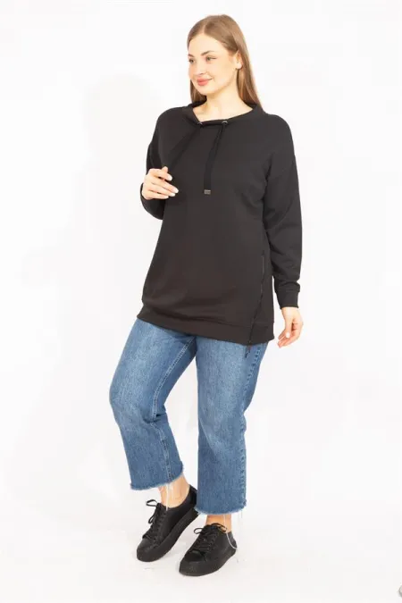 Women's Black Plus Size Side Zipper Slit Collar Eyelet Detail Sweatshirt 65N35638