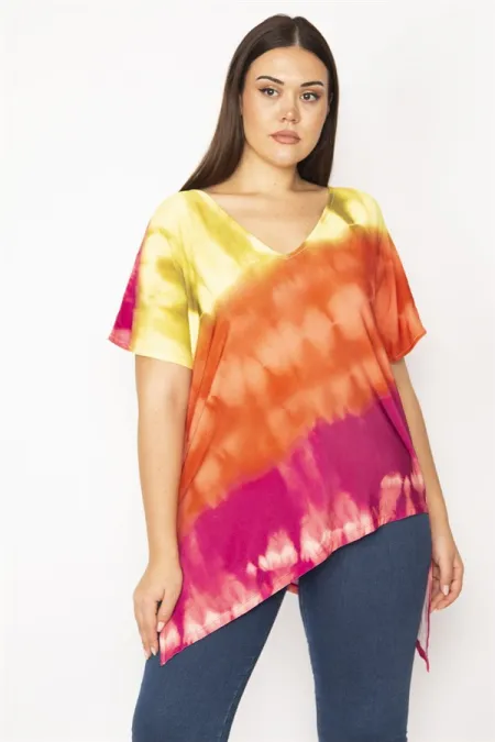 Kadın Renkli Etek Ucu Asimetrik Kesim V Yakalı Düşük Kollu Renkli Bluz 65N29823