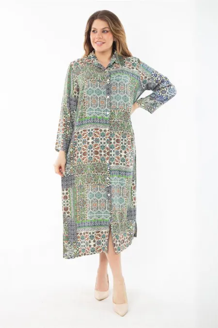 Kadın Büyük Beden Renkli Dokuma Viskon Kumaş Ön Düğmeli Elbise 65N37351