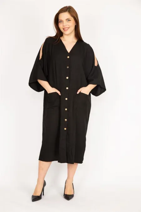 Kadın Camel Büyük Beden Omuz Dekolteli Ön Düğmeli Elbise