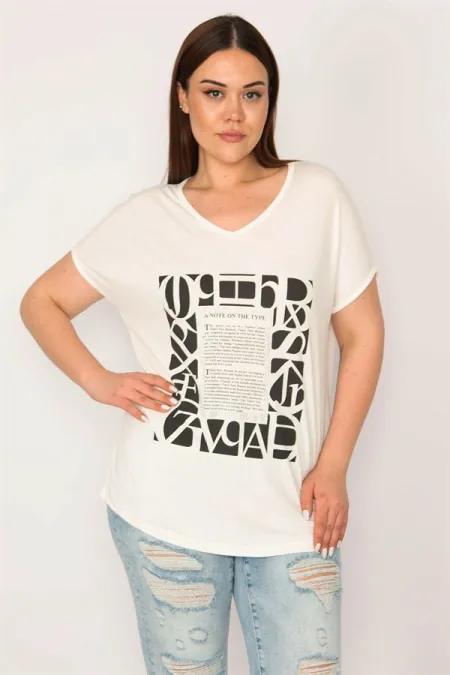 KADIN KEMİK V YAKALI ÖNÜ BASKI VE TAŞ DETAYLI KISA KOLLU BLUZ