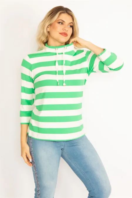 Kadın Yeşil Yakası Kuşgözü Bağcıklı Çizgili Bluz 65N34689