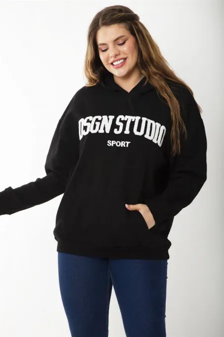 Women's Plus Size Black Embroidered Inside and Hooded Detailed Sweatshirt 65N37203